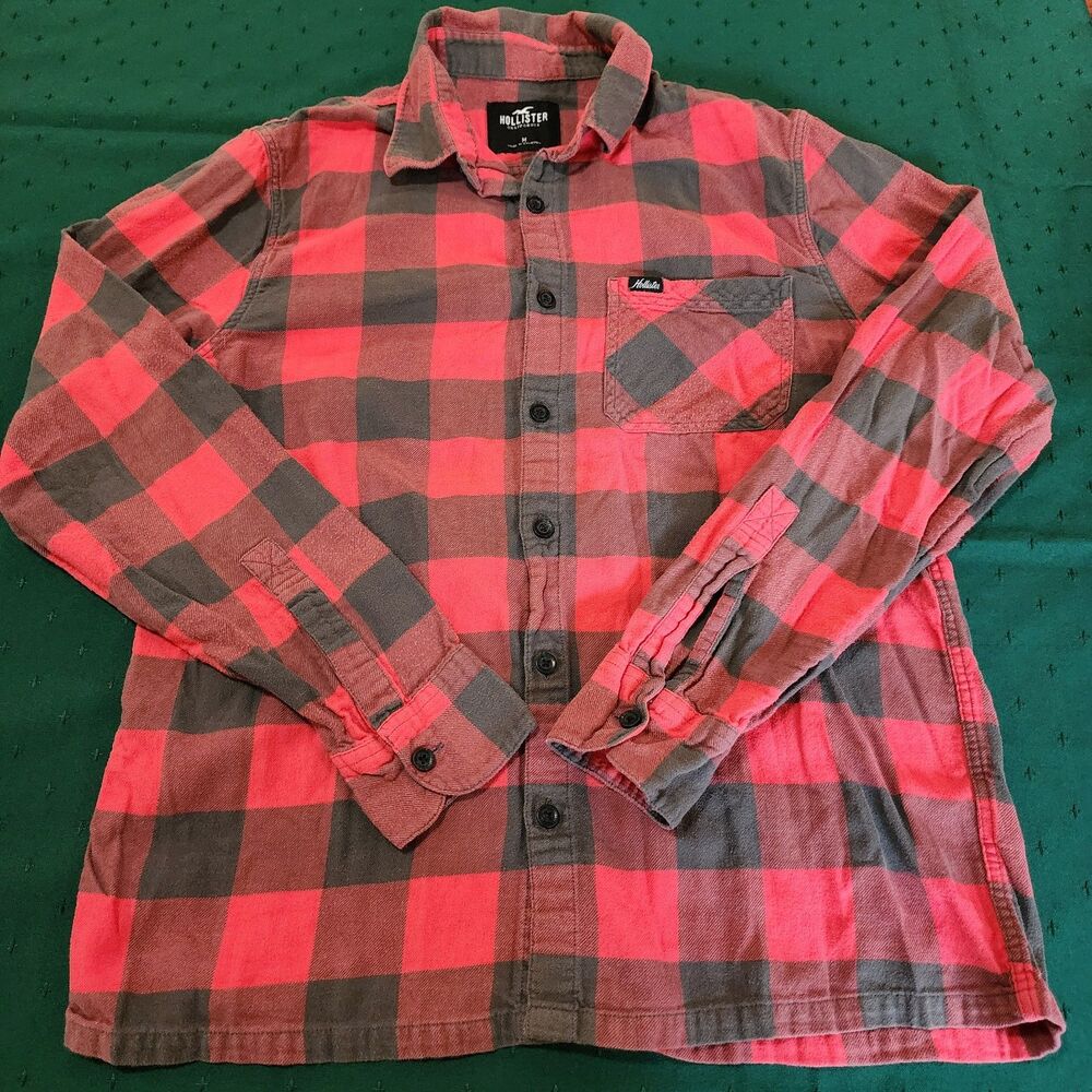 Hollister Red and Black Plaid Button-Front Flannel Shirt Men's M
